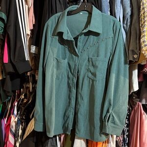 Button-Front Green Studded Corduroy Shirt Jacket